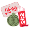 Holiday Sticker Pack illustration; \Merry\ pink rectangle with red script, green vintage Christmas ornament, and red \Fa La La\ tall rectangle stickers arranged together