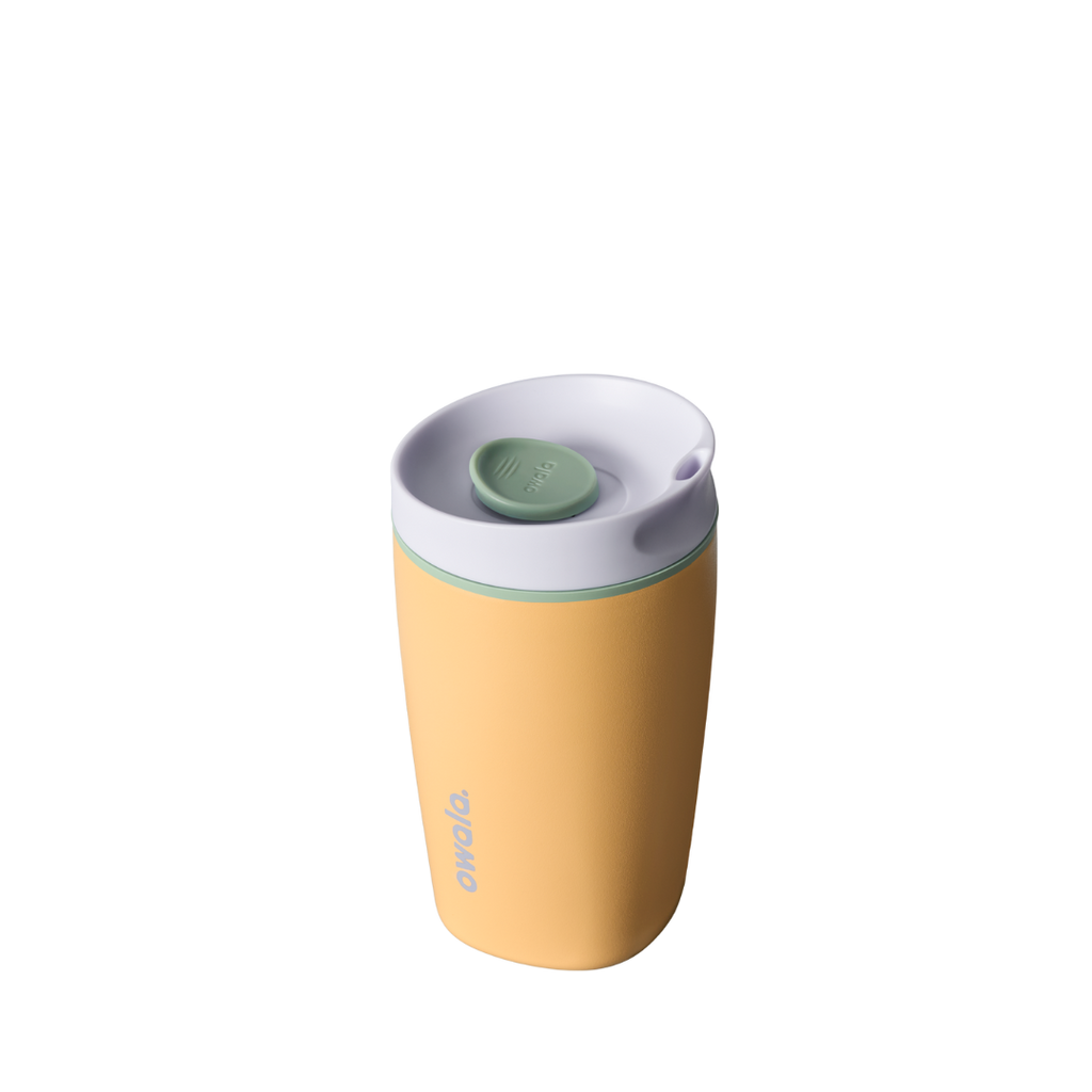 SmoothSip Slider 12oz, golden yellow body with light gray lid and mint green slider button